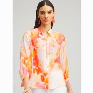 Chico's Coral and Yellow Watercolor Button-Down Blouse